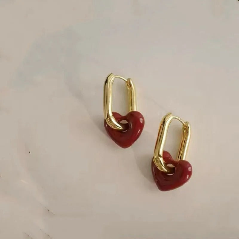 Boucle D'oreille Femme Dorée Cœur Rouge