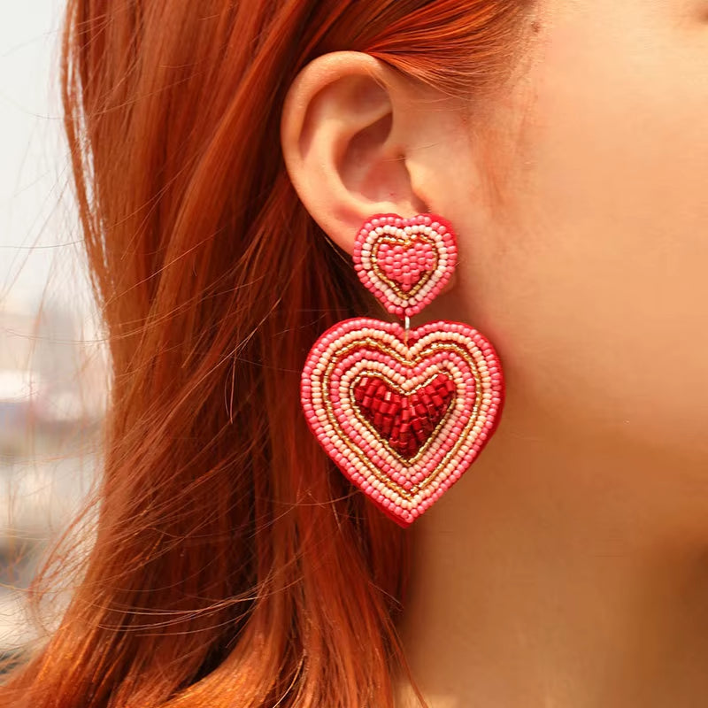 Boucle D'oreille Coeur en Perles Rose