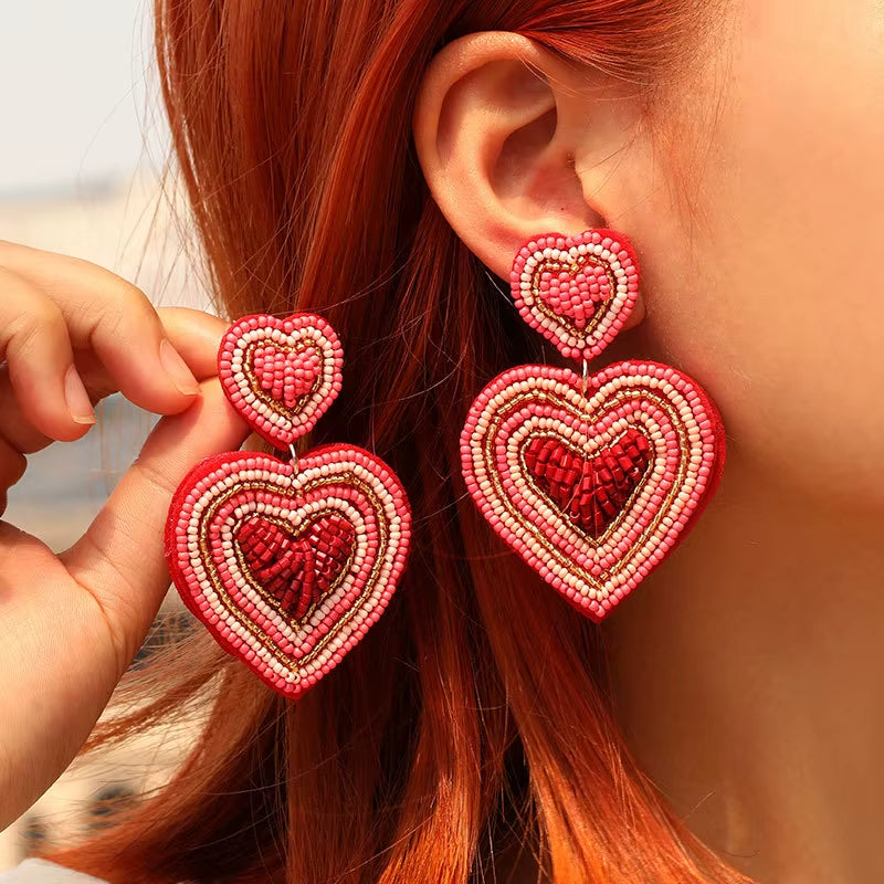 Boucle D'oreille Coeur en Perles Rose