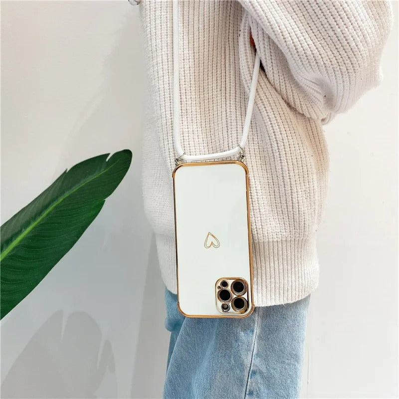 Coque de Telephone Cœur Doré Avec Cordon iPhone