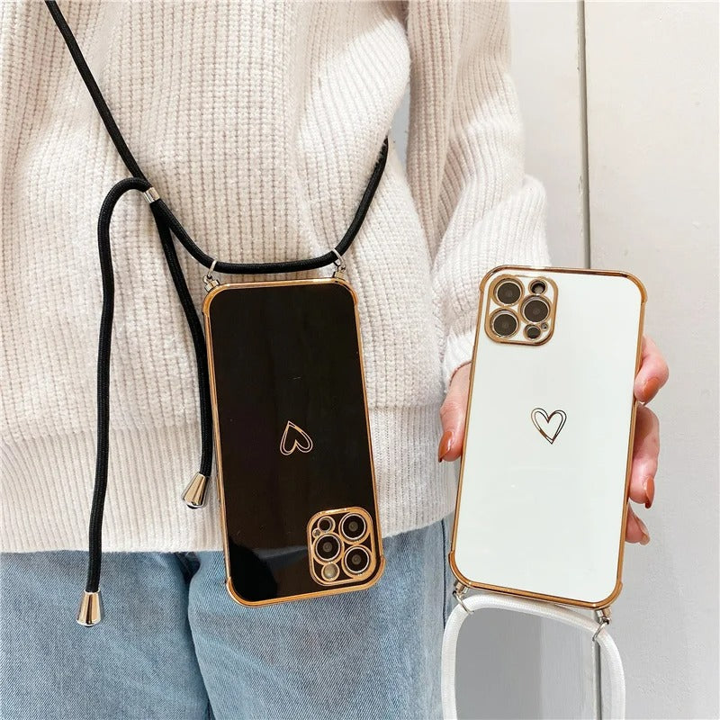 Coque de Telephone Cœur Doré Avec Cordon iPhone