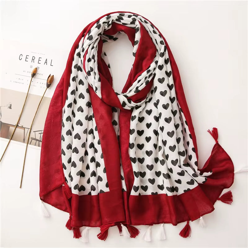 Foulard Femme Rouge et Noir à Coeur sur fond blanc