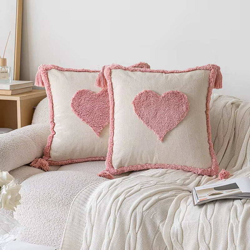 Housse de Coussin Motif Coeur Rose