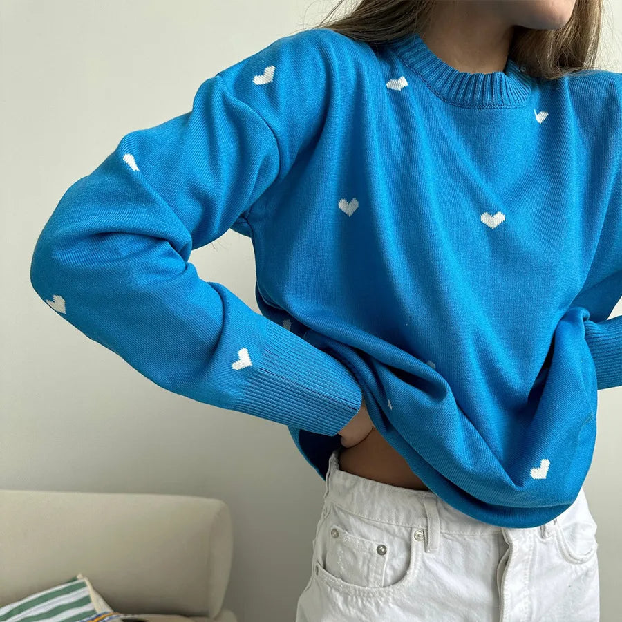 Pull Femme Imprimé Coeurs Blancs