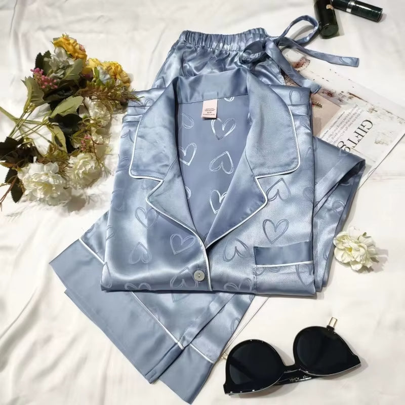 Pyjama Femme Effet Soie à Coeurs