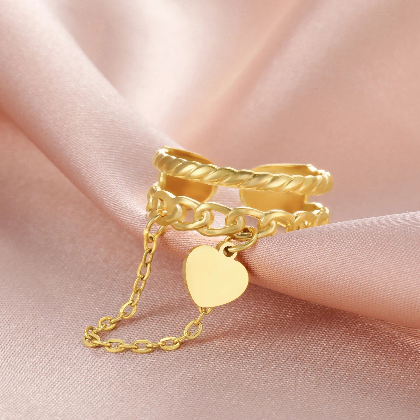 Bague Femme Ajustable Chaine et Cœur