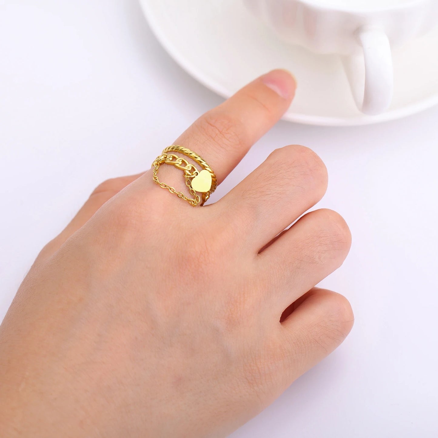 Bague Femme Ajustable Chaine et Cœur