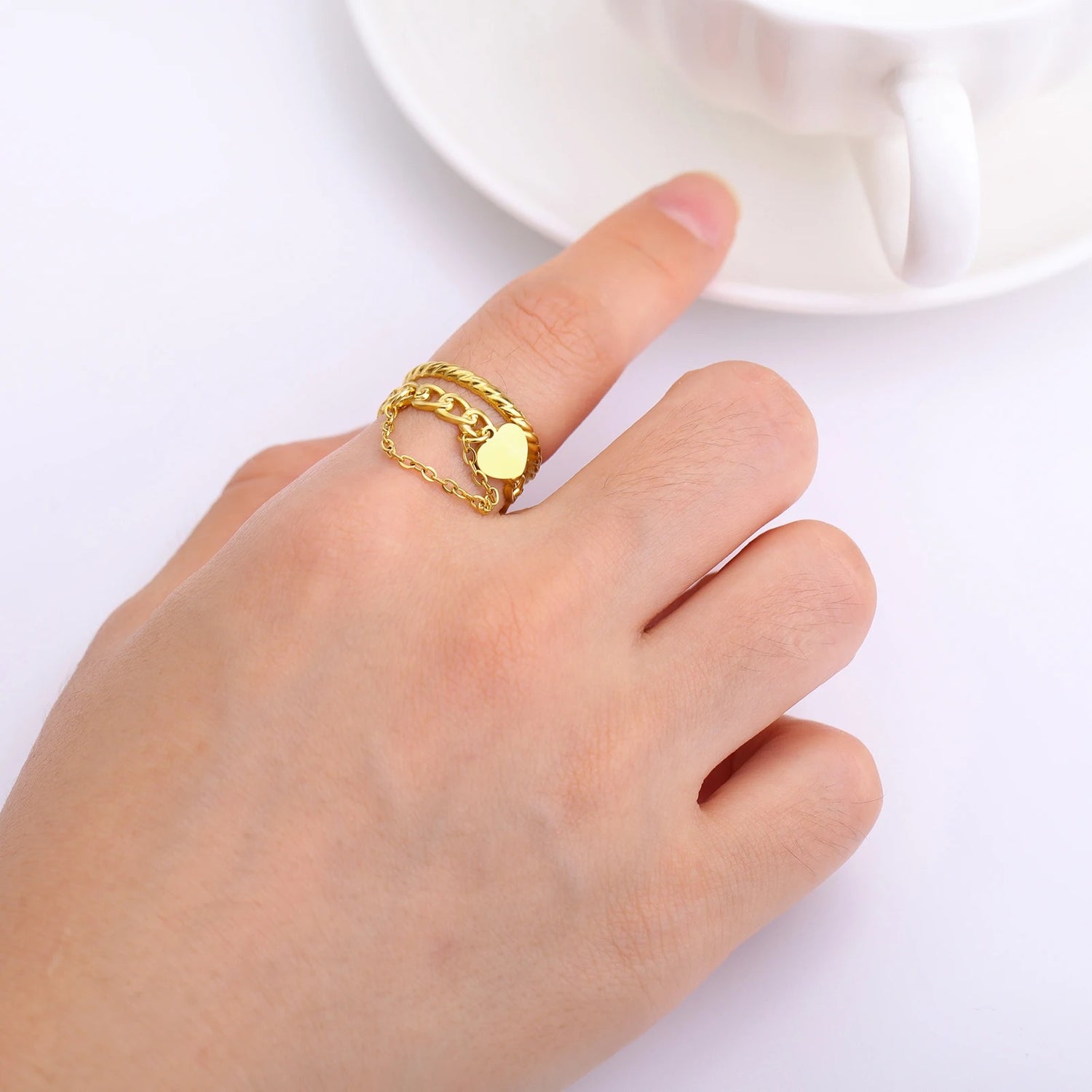 Bague Femme Ajustable Chaine et Cœur