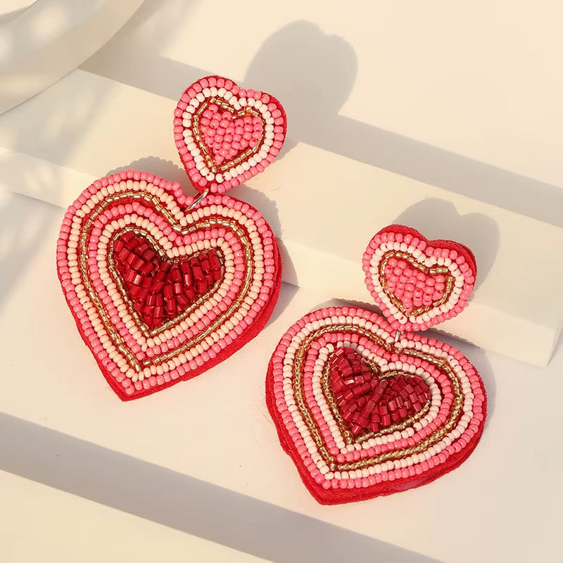 Boucle D'oreille Coeur en Perles Rose