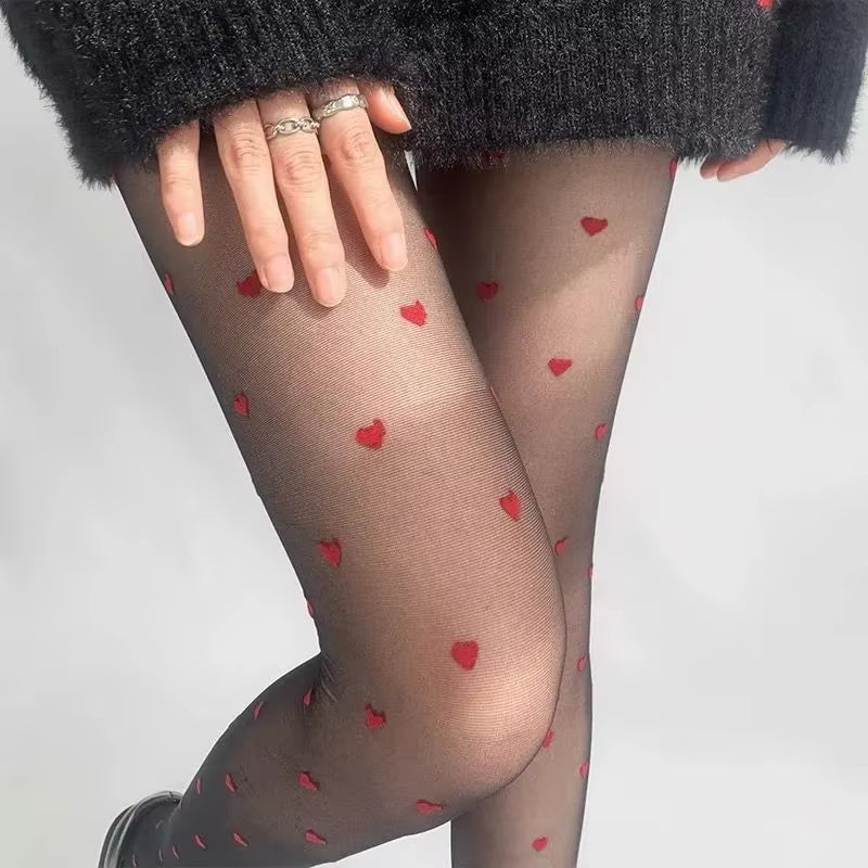 Collant Noir Fin pour Femme Motifs Coeur