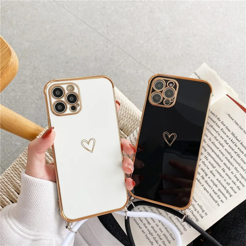 Coque de Telephone Cœur Doré Avec Cordon iPhone