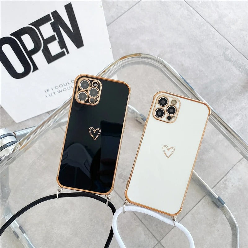 Coque de Telephone Cœur Doré Avec Cordon iPhone