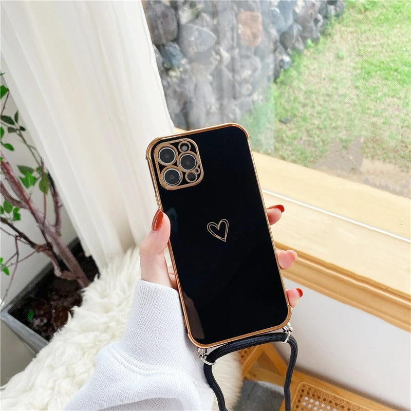 Coque de Telephone Cœur Doré Avec Cordon iPhone