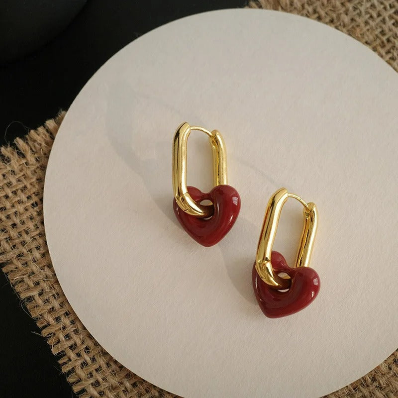 Boucle D'oreille Femme Dorée Cœur Rouge
