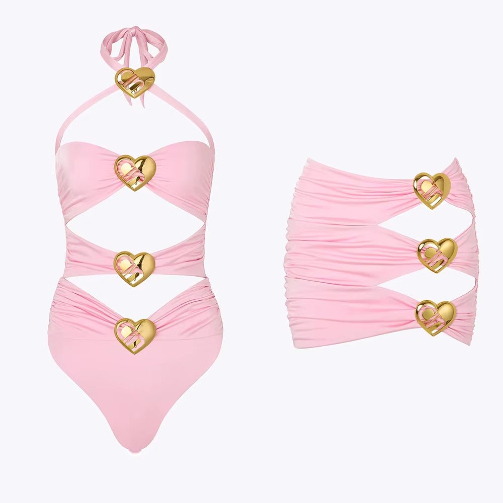 Maillot de Bain 1 pièce avec Jupe Attache Coeur