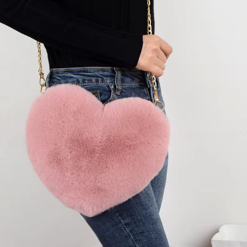 Sac à Main Coeur Fausse Fourrure Chaine