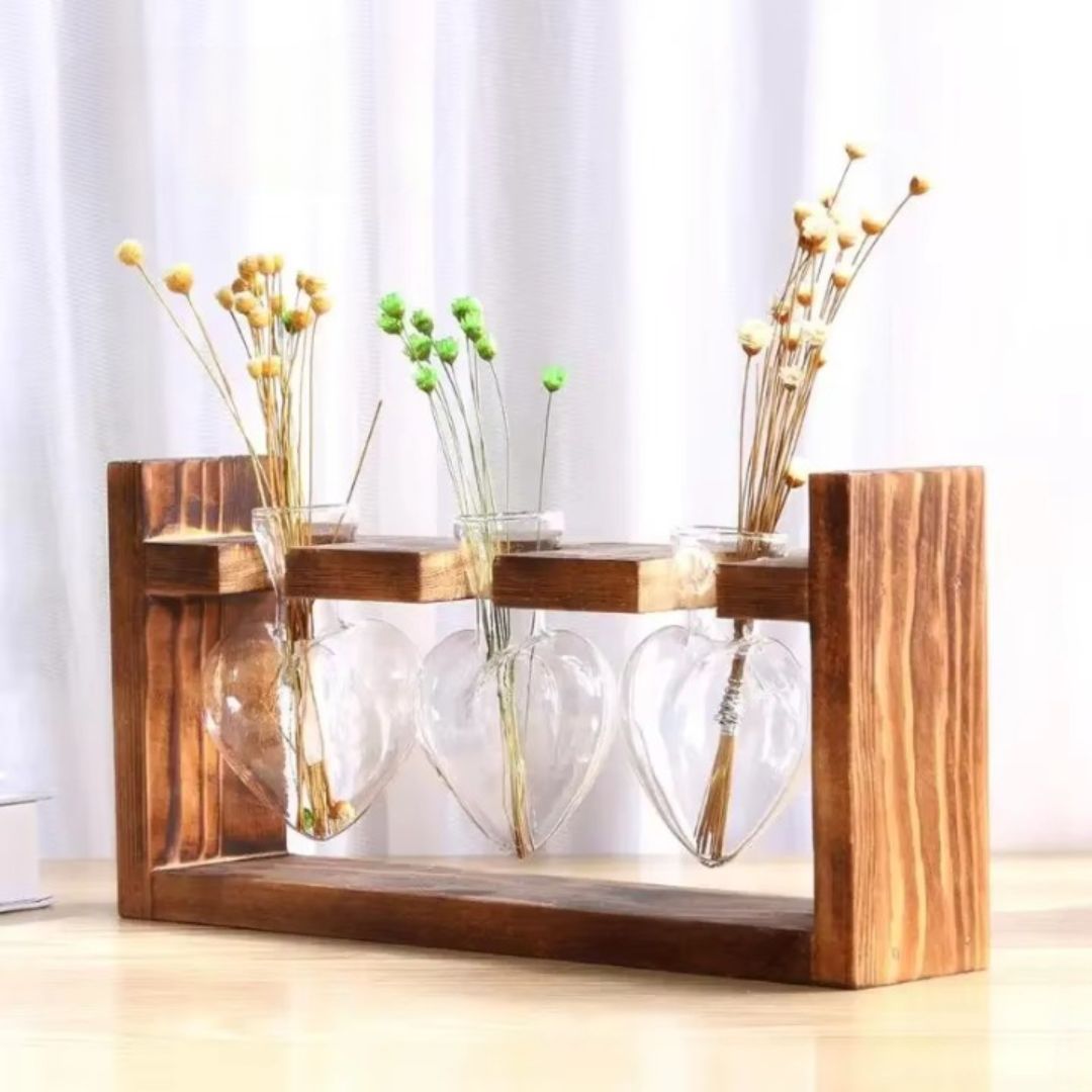 Vase Coeur en Verre Support en Bois